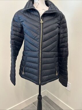 Michael Kors Black Chevron Packable Down Fill Jacket with Gold Zippers